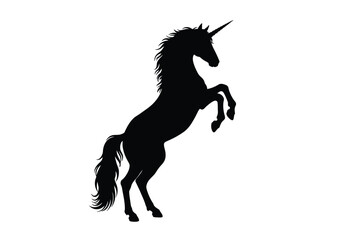 Rearing unicorn silhouette. This image shows a black silhouette of a rearing unicorn, a mythical creature with a single horn on its head, standing on its hind legs. Vector clipart illustration design.
