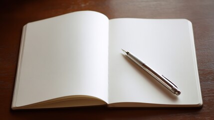 A blank notebook with white pages sits on a wooden table, illuminated by soft natural light, perfect for creative writing or sketching. Text or illustrations can be used freely.