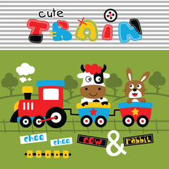 Cute train with cow and rabbit characters chugging along in a vibrant and playful design. Children's fun and adventure concept.
