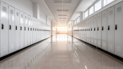 Obraz premium Bright school hallway with lockers and polished floor