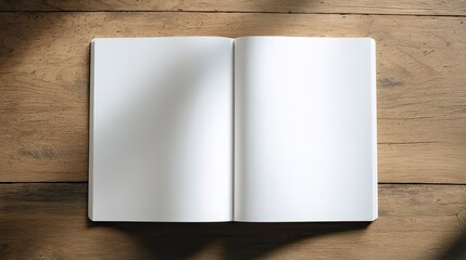 A blank notebook with white pages sits on a wooden table, illuminated by soft natural light, perfect for creative writing or sketching. Text or illustrations can be used freely.