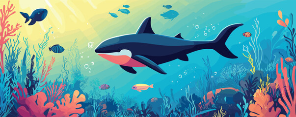 Obraz premium Colorful underwater scene with orca swimming among corals and fish.