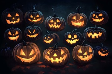 Fototapeta premium Illustration of Illuminated Carved Pumpkins with Dramatic Lighting