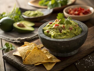 Fresh guacamole in a rustic stone bowl with crispy nachos on a wooden table, top lighting, vibrant green avocado tones