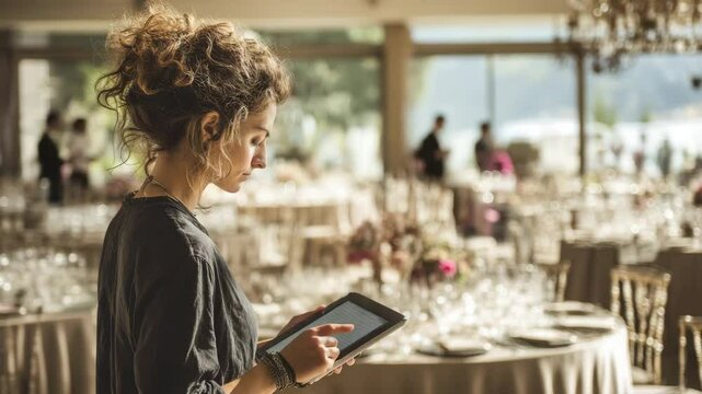 Young Woman Using Tablet to Organize Elegant Event Setup in a Luxurious Venue