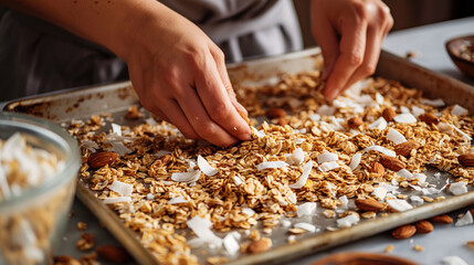 Hands Mix Sugar-Free Granola With Oats, Almonds, and Coconut Flakes in a Clean Kitchen Workspace