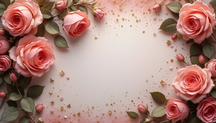 Beautiful Rose Flower Border in Soft Vintage Tones with Glitter Romance Background for Valentine or Wedding Card Design