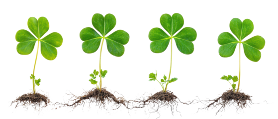 Four-leaf clover seedlings with roots.