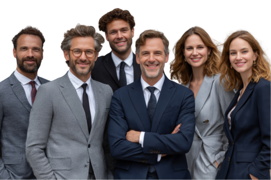 Confident business team portrait on transparent background men dark
