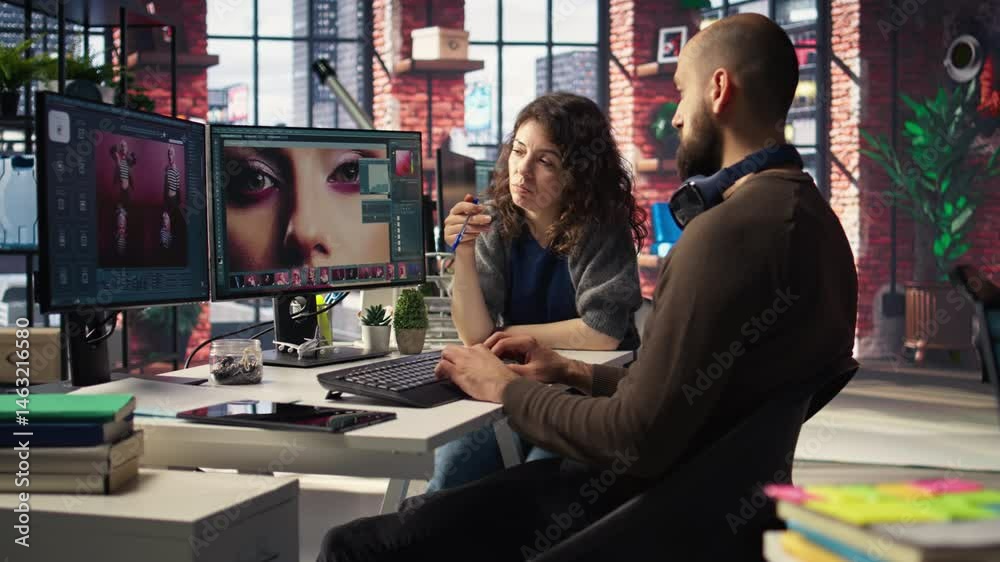Poster man and woman creative team using ai to generate image models, operating editing software to enhance