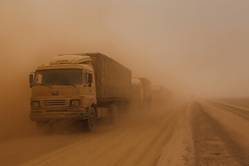 Truck drives down dusty road in the desert, leaving plumes of dust in its wake.