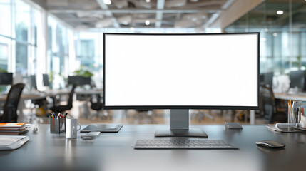 Naklejka premium Modern office desk with blank curved monitor in bright open workspace