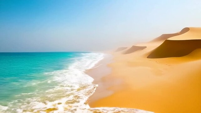 Coastal Dunes Landscape with Turquoise Sea and Golden Sands in Namibia Africa under Bright Daylight with a High Angle View Perfect for Summer Vacation or Earth Day