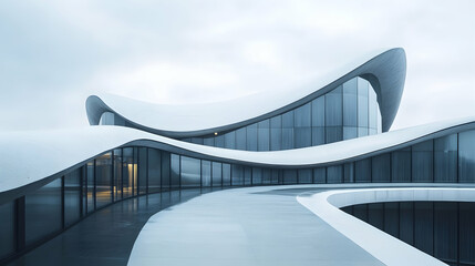 Modern white building with curved lines and glass windows against a cloudy sky.