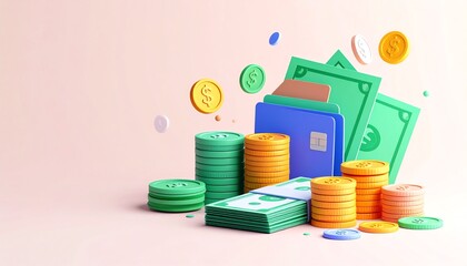 A colorful display of coins, bills, and a wallet, symbolizing wealth and finance in a vibrant, modern design