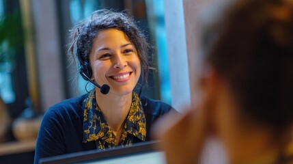 A woman wearing a headset smiles warmly while engaging in a conversation in a modern indoor setting.