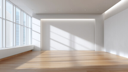 Bright minimalist room with hardwood floor and large windows