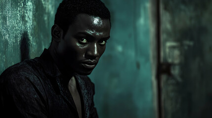 A dark-skinned man stares intently against a textured teal wall background.