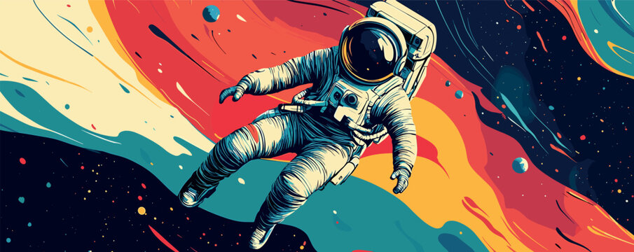 Astronaut floating in colorful space with vivid abstract background.