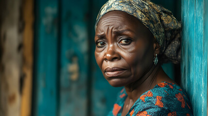 An elderly woman gazes at the camera near a blue-painted wall.