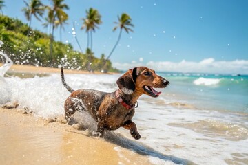 Playful dachshund dog splashing in the shallow waves on a sunny beach - generated by ai