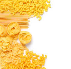 Composition with different types of raw pasta isolated on white background