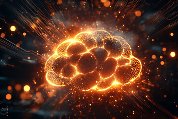3D rendering of an abstract cloud with glowing lines and a circuit board background