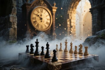 Chess Game with Grandfather Clock in a Grand Hall