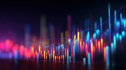 A colorful digital chart with glowing bars and lines represents data analysis and financial growth on a dark background.