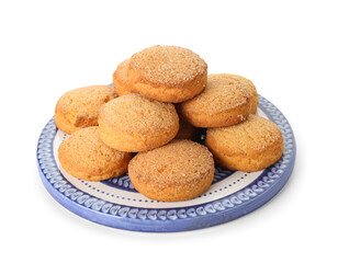 Plate with sweet cookies on white background