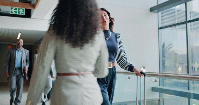 Phone call, suitcase and travel with business woman at conference for B2b manager, seminar speaker and contact. Convention center, walking and networking with person in lobby for event and expo