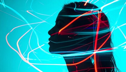 A silhouette of a woman with vibrant light trails creating a dynamic, artistic effect against a blue background