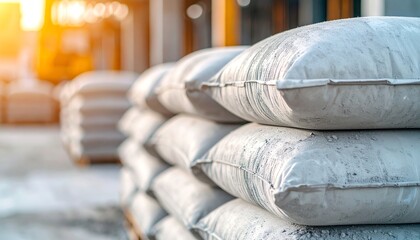 Piles of cement bags stacked neatly, bathed in warm sunlight at a construction site, highlighting a busy work environment