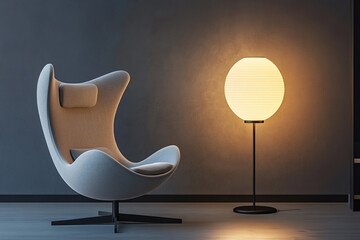 3d rendering of modern armchair and floor lamp on dark background