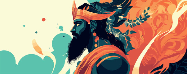 Majestic male figure in vibrant abstract art with dramatic crown and fiery background.