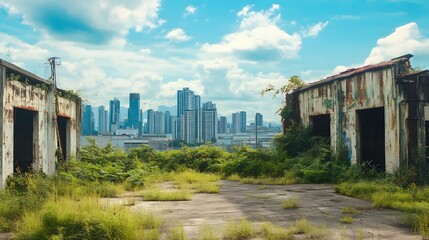 Fototapeta premium Urban decay juxtaposed with modern city structures.