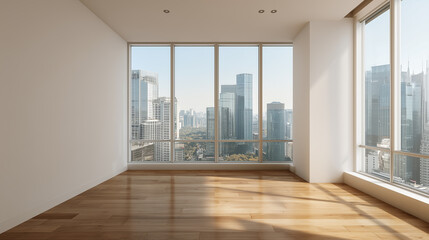 Obraz premium Empty room with wood floor and large windows overlooking city skyline