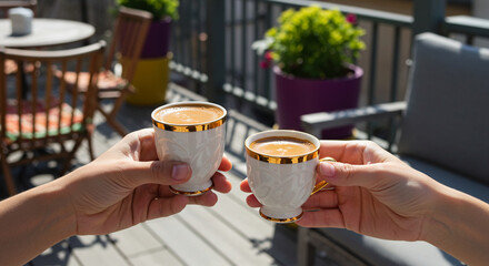 Two hands holding coffee cups on a sunny balcony enjoying a coffee break with friends and family time