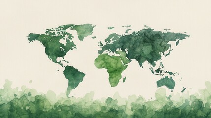 Obraz premium Artistic Watercolor Map of the World in Shades of Green with Soft Blurred Edges for Nature and Travel Themes