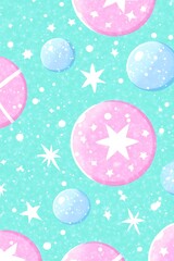 Whimsical spheres and stardust background in pastel pink and turquoise