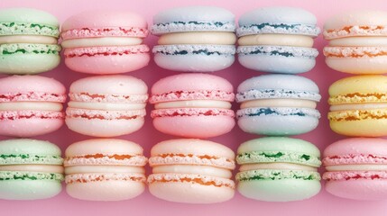 Obraz premium Colorful and Delicate Macarons Arranged Neatly on a Soft Pink Background for Sweet Treat Inspiration