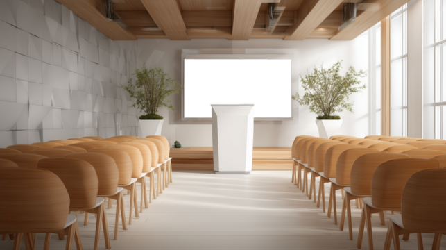 Modern Conference Room With Blank Screen And Wooden Chairs