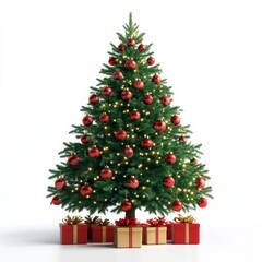 Elegant Christmas Tree with Red Ornaments and Gifts on White, Festive, Holiday