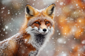 Captivating portrait of a fox during winter snowfall, facing the viewer