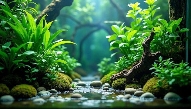Natural Aquascape with Driftwood and Aquatic Plants