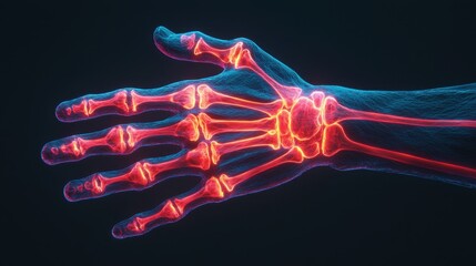 Detailed 3D Render of Human Hand Skeleton with Visible Bones and Joints Illuminated in Vibrant Colors