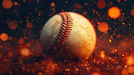 Close-Up of a Baseball Surrounded by Glowing Particles and Bokeh Effect for Dynamic Sports Imagery