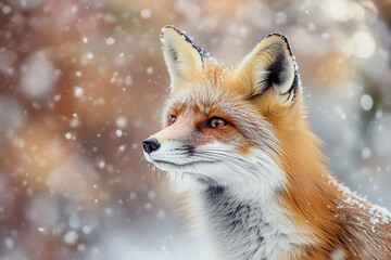 Fototapeta premium A solitary red fox gazes into the winter landscape amidst falling snowflakes
