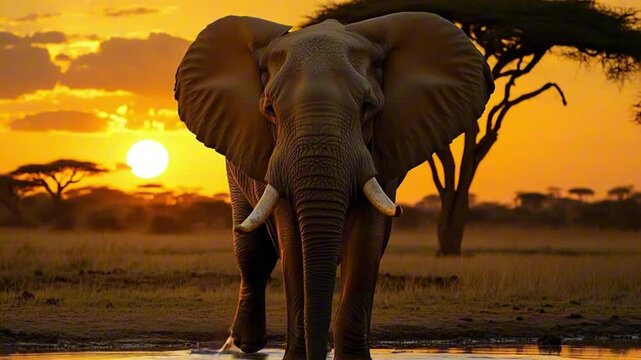 An elephant stands majestically during a stunning African sunset.


