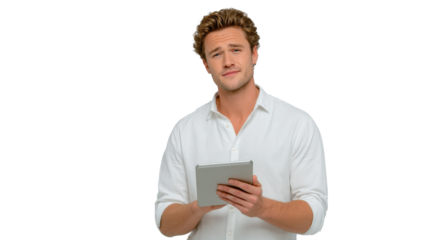 Engaging young professional using tablet modern office digital interaction bright environment eye-level perspective